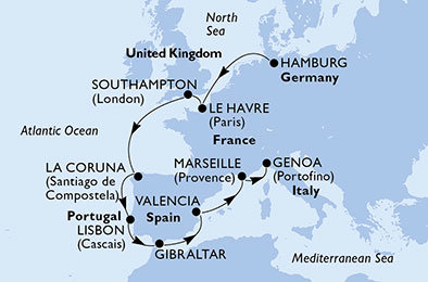 Německo, Francie, Velká Británie, Španělsko, Portugalsko, Itálie z Hamburku na lodi MSC Meraviglia