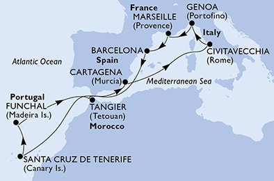 Francie, Španělsko, Portugalsko, Maroko, Itálie z Barcelony na lodi MSC Sinfonia