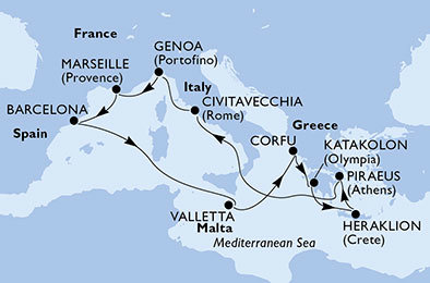 Itálie, Španělsko, Francie, Malta, Řecko z Barcelony na lodi MSC Sinfonia