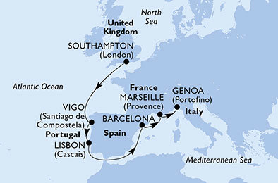 Velká Británie, Španělsko, Portugalsko, Francie, Itálie ze Southamptonu na lodi MSC Preziosa