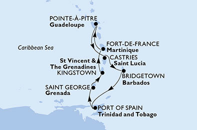 Martinik, Guadeloupe, Svatá Lucie, Barbados, Trinidad a Tobago, Grenada, Svatý Vincenc a Grenadiny z Fort de France, Martinik na lodi MSC Preziosa