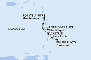 Martinik, Guadeloupe, Svatá Lucie, Barbados z Fort-de-France, Martinik na lodi MSC Seaside