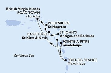 Martinik, Guadeloupe, Britské Panenské ostrovy, Svatý Martin, Svatý Kryštof a Nevis, Antigua a Barbuda z Fort-de-France, Martinik na lodi MSC Virtuosa