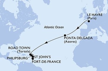 Francie, Portugalsko, Britské Panenské ostrovy, Svatý Martin, Antigua a Barbuda, Martinik z Le Havru na lodi MSC Virtuosa