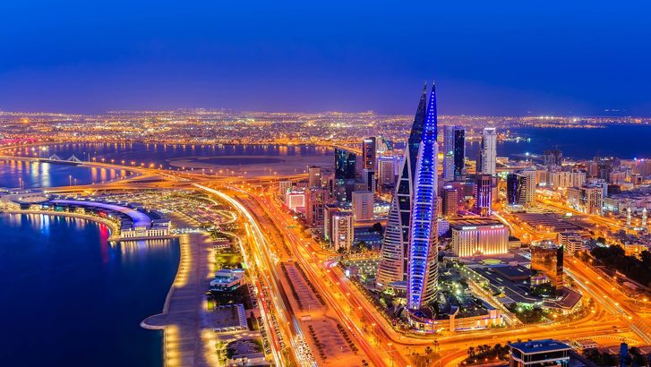  Panoramatický výhled na budovu Bahrajn World Trade Centre.