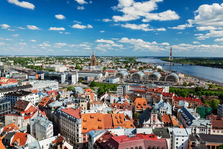 Panoramatický pohled na město Riga, Lotyšsko