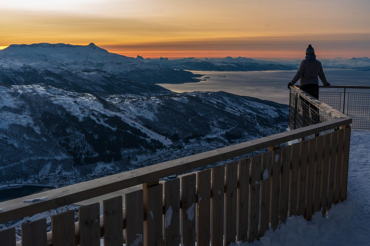 Výhled z Narvikfjellet na Narvik, Ofotfjord a okolní zasněžené hory.