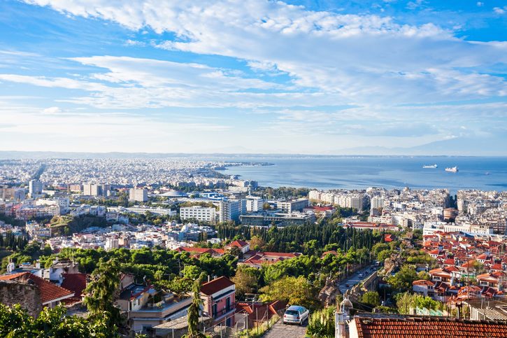 Letecký panoramatický pohled na město Soluň.  Soluň je druhé největší město v Řecku a hlavním městem řecké Makedonie