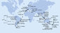 Itálie, Francie, Španělsko, Maroko, Kapverdy, Brazílie, Argentina, Zámořské území Velké Británie, Chile, Francouzská Polynésie, Americká Samoa, , Fidži, Nový Zéland, Austrálie, Indonésie, Singapur, Thajsko, Srí Lanka, Jordánsko, Egypt z Janova na lodi MSC Magnifica