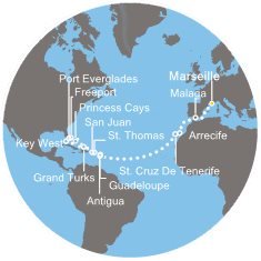 Francie, Španělsko, Antigua a Barbuda, USA, Bahamy, Velká Británie z Marseille na lodi Costa Deliziosa