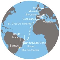 Brazílie, Španělsko, Maroko, Francie, Itálie ze Santosu na lodi Costa Favolosa
