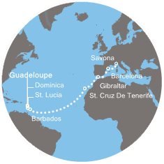 Francie, Dominika, Karibské moře, Barbados, Španělsko, Velká Británie, Itálie z Pointe-à-Pitre, Guadeloupe na lodi Costa Pacifica