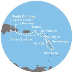 Dominikánská republika, Velká Británie, Svatý Kryštof a Nevis, Antigua a Barbuda, Francie, Nizozemsko ze Santo Dominga na lodi Costa Pacifica