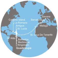 Guadeloupe, Dominikánská republika, Svatý Kryštof a Nevis, Antigua a Barbuda, Martinik, Karibské moře, Barbados, Španělsko, Itálie z Pointe-à-Pitre, Guadeloupe na lodi Costa Pacifica