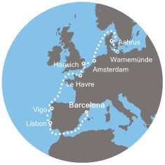 Španělsko, Portugalsko, Francie, Velká Británie, Nizozemsko, Dánsko, Německo z Barcelony na lodi Costa Favolosa
