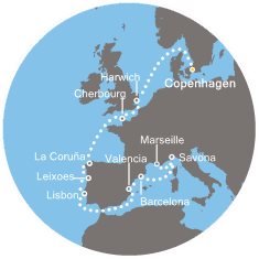 Dánsko, Velká Británie, Francie, Španělsko, Portugalsko, Itálie z Kodaně na lodi Costa Favolosa