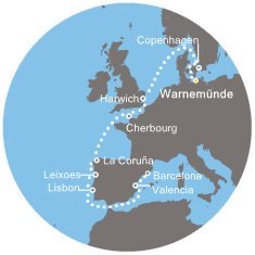 Německo, Dánsko, Velká Británie, Francie, Španělsko, Portugalsko z Warnemünde na lodi Costa Favolosa