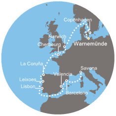 Německo, Dánsko, Velká Británie, Francie, Španělsko, Portugalsko, Itálie z Warnemünde na lodi Costa Favolosa