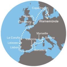 Německo, Dánsko, Velká Británie, Francie, Španělsko, Portugalsko, Itálie z Warnemünde na lodi Costa Favolosa