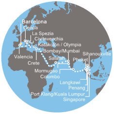 Španělsko, Itálie, Řecko, Omán, Indie, Srí Lanka, Thajsko, Malajsie, Singapur, Kambodža z Barcelony na lodi Costa Fortuna