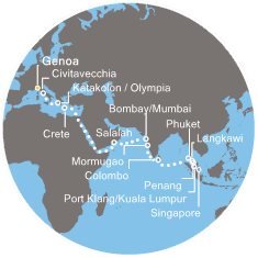 Itálie, Řecko, Omán, Indie, Srí Lanka, Thajsko, Malajsie, Singapur z Janova na lodi Costa Fortuna