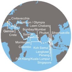 Itálie, Řecko, Omán, Indie, Srí Lanka, Thajsko, Malajsie, Singapur, Kambodža z Janova na lodi Costa Fortuna
