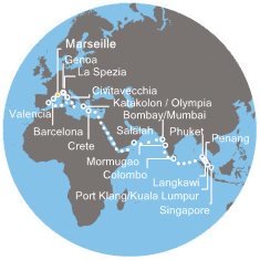 Francie, Španělsko, Itálie, Řecko, Omán, Indie, Srí Lanka, Thajsko, Malajsie, Singapur z Marseille na lodi Costa Fortuna