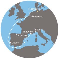 Německo, Nizozemsko, Portugalsko, Španělsko, Francie, Itálie z Hamburku na lodi Costa Smeralda