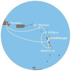 Dominikánská republika, Svatý Martin, Antigua a Barbuda, Martinik, Guadeloupe z Pointe-à-Pitre, Guadeloupe na lodi Costa Favolosa