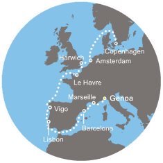 Itálie, Španělsko, Portugalsko, Korunní závislé území Velké Británie, Belgie, Nizozemsko z Janova na lodi Costa Pacifica
