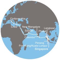 Singapur, Thajsko, Malajsie, Srí Lanka, Indie, Omán, Řecko, Itálie na lodi Costa Fortuna