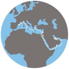 Španělsko, Francie, Itálie, Řecko, Izrael, Jordánsko, Omán, Bahrajn, Katar, Spojené arabské emiráty z Barcelony na lodi Costa Diadema