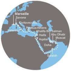 Francie, Itálie, Řecko, Izrael, Jordánsko, Omán, Bahrajn, Katar, Spojené arabské emiráty z Marseille na lodi Costa Diadema