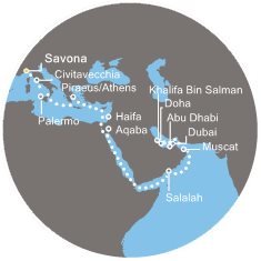 Itálie, Řecko, Izrael, Jordánsko, Omán, Bahrajn, Katar, Spojené arabské emiráty ze Savony na lodi Costa Diadema