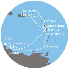Guadeloupe, Britské Panenské ostrovy, Svatý Martin, Antigua a Barbuda, Dominika, Martinik, Curacao, Aruba, Bonaire, Grenada z Pointe-à-Pitre, Guadeloupe na lodi Costa Favolosa