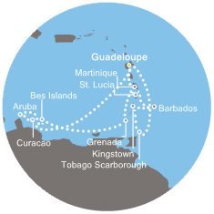 Guadeloupe, Curacao, Aruba, Bonaire, Grenada, Martinik, Trinidad a Tobago, Svatý Vincenc a Grenadiny, Barbados, Svatá Lucie z Pointe-à-Pitre, Guadeloupe na lodi Costa Favolosa