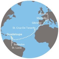 Guadeloupe, Svatá Lucie, Barbados, Španělsko, Velká Británie, Francie, Itálie z Pointe-à-Pitre, Guadeloupe na lodi Costa Favolosa