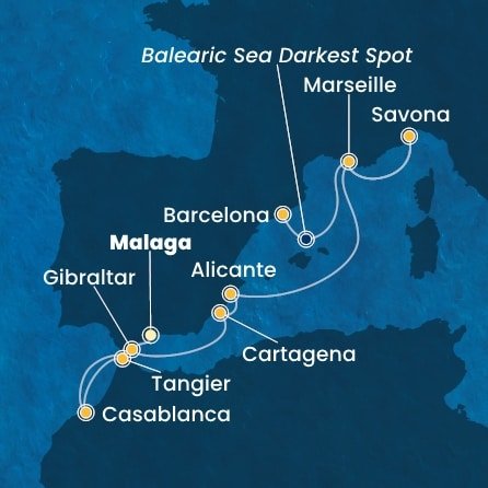 Španělsko, Maroko, Velká Británie, Francie, Itálie z Málagy na lodi Costa Pacifica
