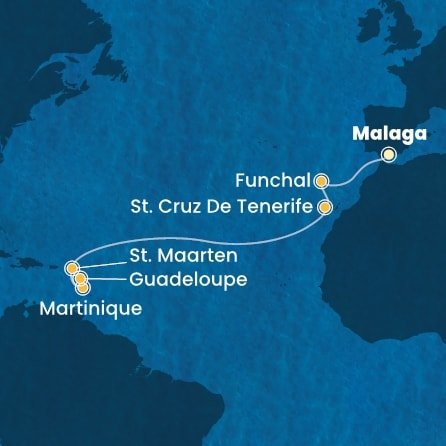 Španělsko, Portugalsko, Svatý Martin, Martinik, Guadeloupe z Málagy na lodi Costa Fascinosa Španělsko, Portugalsko, Svatý Martin, Martinik, Guadeloupe z Málagy na lodi Costa Fascinosa