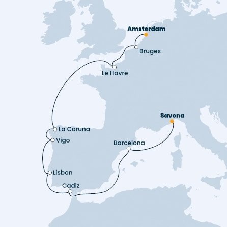 Nizozemsko, Belgie, Francie, Španělsko, Portugalsko, Itálie z Amsterdamu na lodi Costa Favolosa