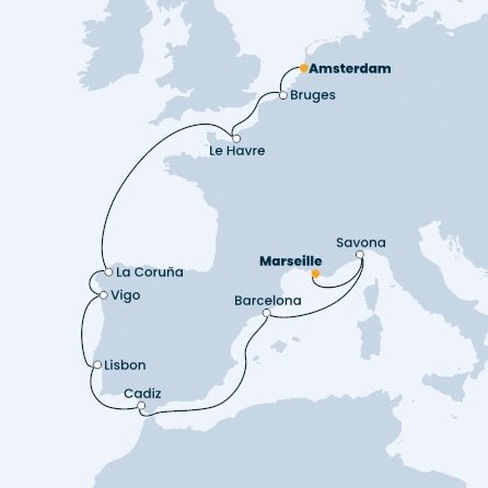 Nizozemsko, Belgie, Francie, Španělsko, Portugalsko, Itálie z Amsterdamu na lodi Costa Favolosa