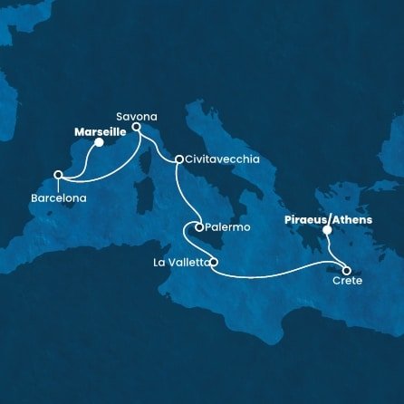 Řecko, Malta, Itálie, Španělsko, Francie z Pirea na lodi Costa Fortuna
