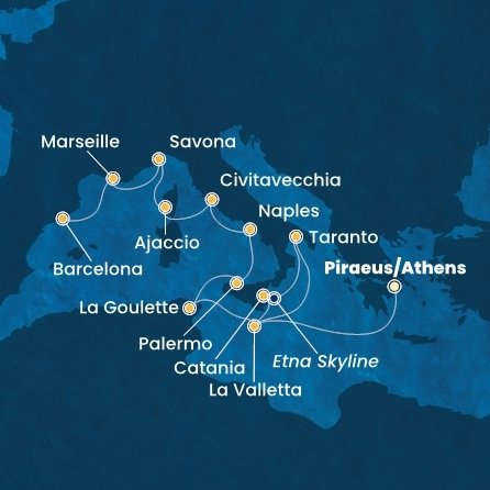 Řecko, Malta, Itálie, Tunisko, Francie, Španělsko z Pirea na lodi Costa Fascinosa