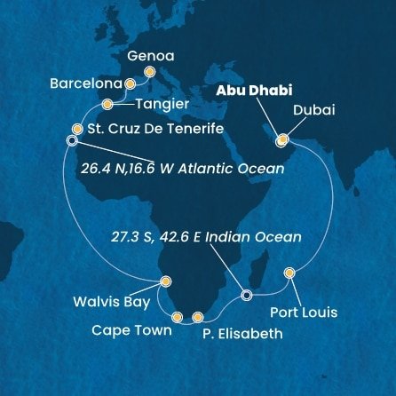 Spojené arabské emiráty, Mauricius, Jihoafrická republika, Namibie, Španělsko, Maroko, Itálie z Abu Dhabi na lodi Costa Smeralda