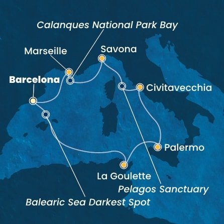 Španělsko, Tunisko, Itálie, Francie z Barcelony na lodi Costa Smeralda