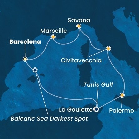Španělsko, Tunisko, , Itálie, Francie z Barcelony na lodi Costa Smeralda