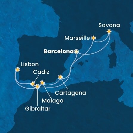 Španělsko, Itálie, Francie, Velká Británie, Portugalsko z Barcelony na lodi Costa Favolosa