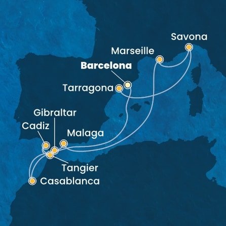 Španělsko, Maroko, Velká Británie, Francie, Itálie z Barcelony na lodi Costa Diadema