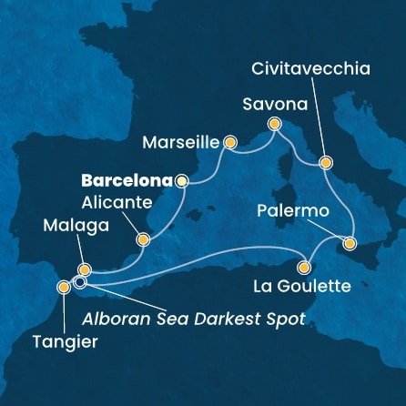 Španělsko, Maroko, , Tunisko, Sicílie, Itálie, Francie z Barcelony na lodi Costa Toscana