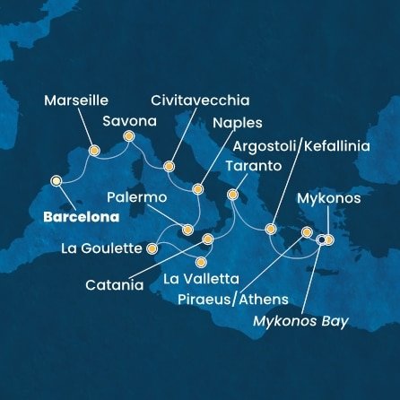 Španělsko, Francie, Itálie, Tunisko, Malta, Kefalonie, Řecko z Barcelony na lodi Costa Fascinosa